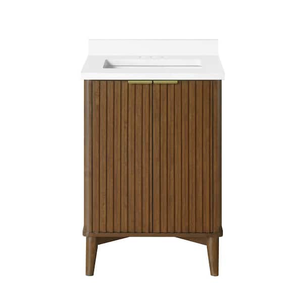 Gabi 24 in. Single Sink Freestanding Warm Walnut Bath Vanity with White Engineered Stone Top