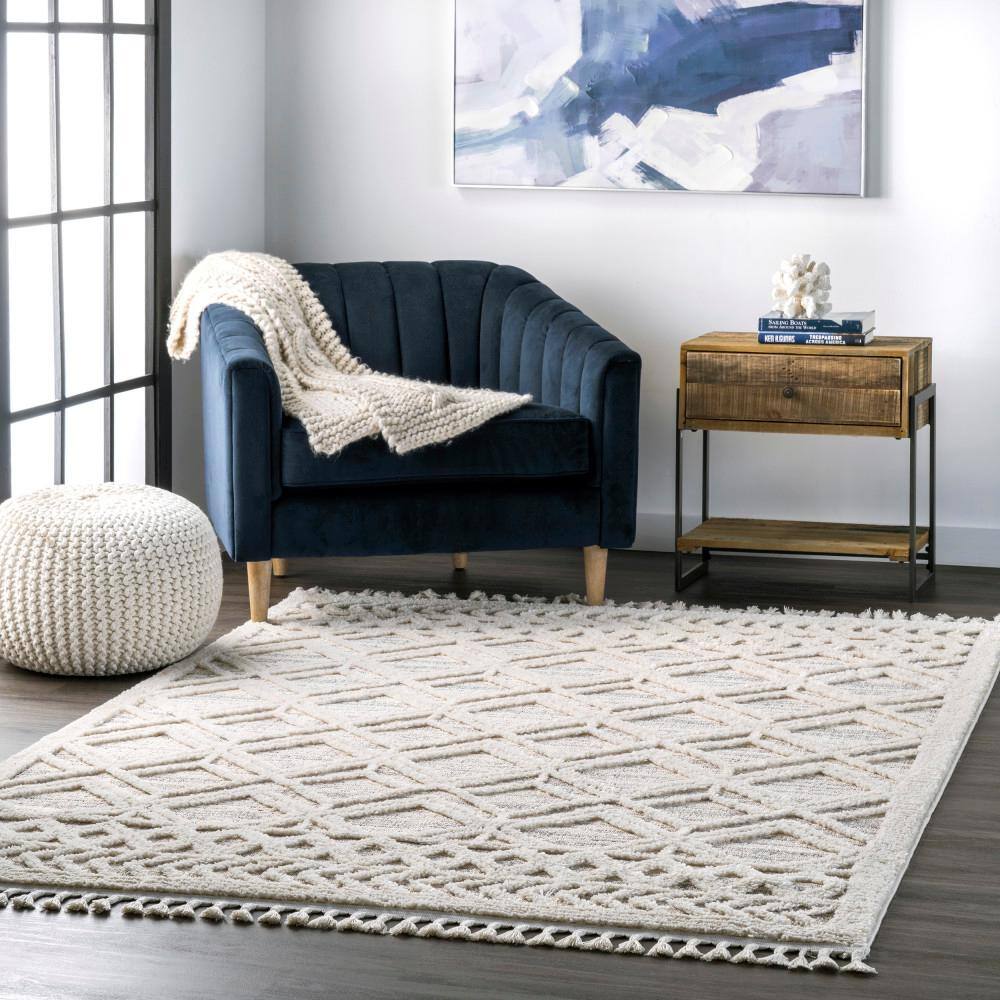 Light Grey Moroccan Lattice Tassel Shag Area Rug