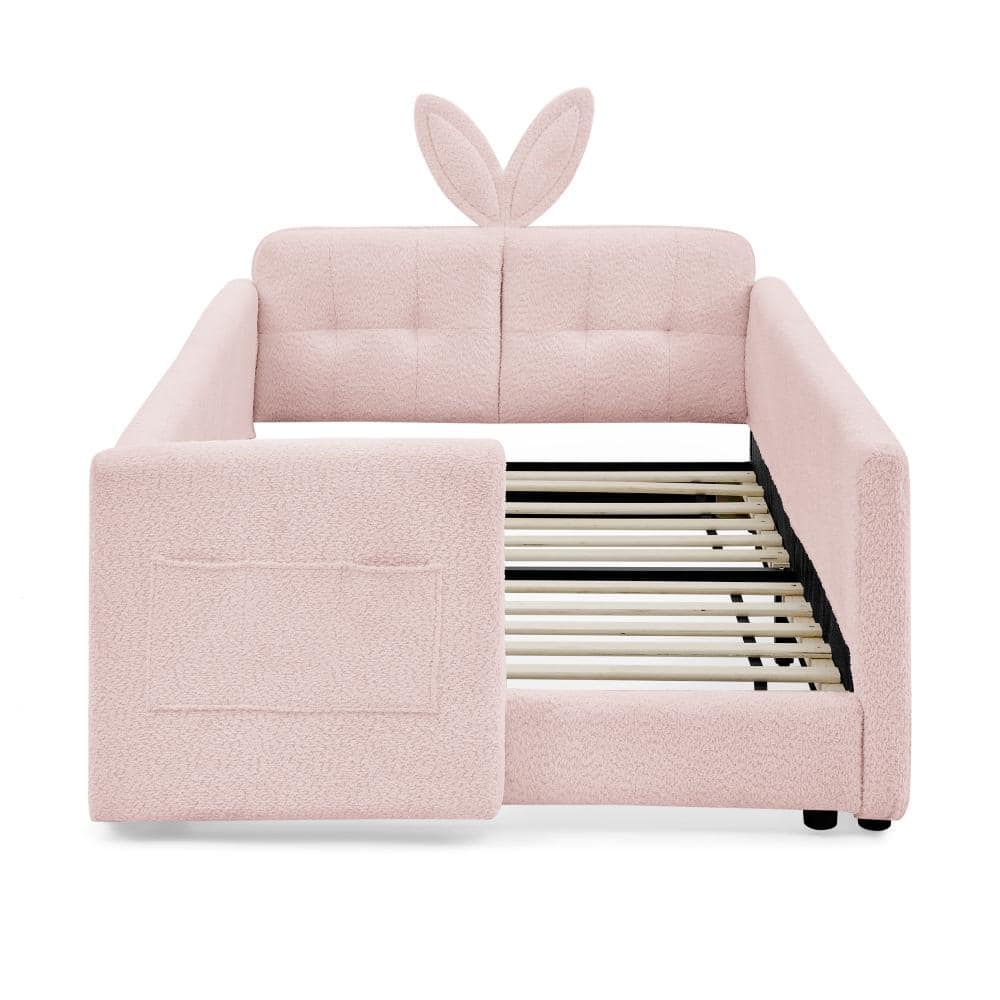 Pink Boucle Fabric Frame Twin Platform Bed with Rabbit Ear Headboard, Safety Rail & Storage