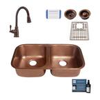 Kandinsky All-in-One Copper Sink 32-1/4 in. Double Bowl 50/50 Undermount Kitchen Sink with Pfister Faucet and Drains