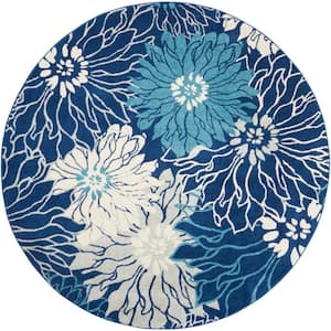Passion Navy/Ivory 8 ft. x 8 ft. Floral Contemporary Round Area Rug