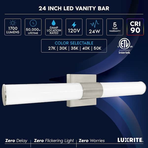24 in. 1-Light Brushed Nickel Fixture 5 CCT 2700K-5000K Vanity 24-Watt 1700 Lumens Dimmable Damp Rated ETL Listed