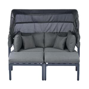 3-Piece Patio Grey Metal Outdoor Sectional Sofa Set with Retractable Canopy Sun Lounger with Grey Cushions