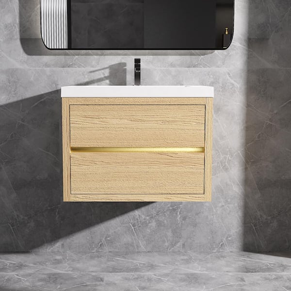 30 in. Wall-Mounted Floating Bath Vanity in Natural Oak with Single Solid Surface Sink Top in White