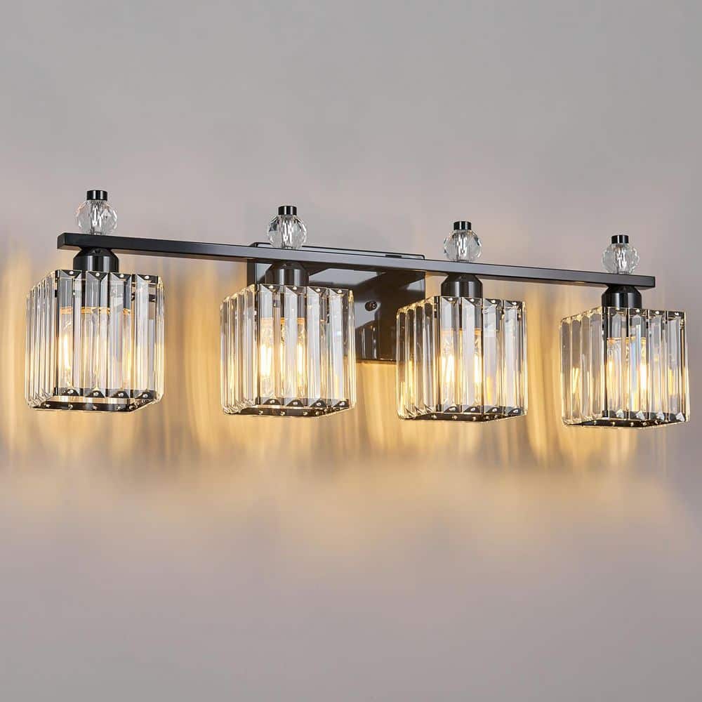Home Lighting 28.34 in. 4-Light PlatingBlack Square Modern Crystal Vanity Light Fixtures Over Mirror For Bathroom price history on PriceWatchPro