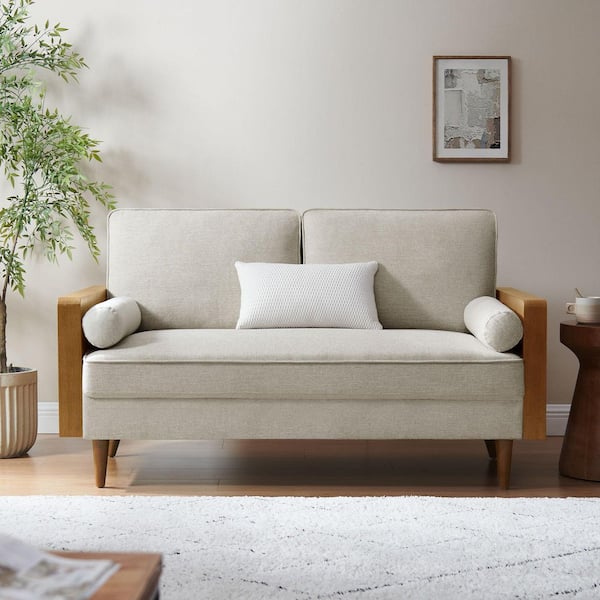 MODWAY Kellan 61 in. Square Arm Leather Rectangle Sofa in Walnut Heathered Weave Ivory
