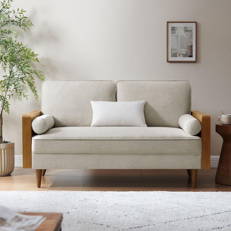 MODWAY Kellan 61 in. Square Arm Leather Rectangle Sofa in Walnut Heathered Weave Ivory