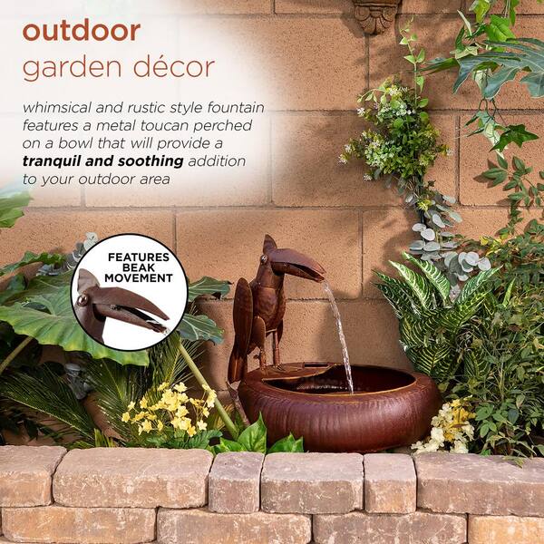 Alpine Corporation - 16 in. Tall Indoor/Outdoor Rustic Metal Toucan Water Fountain Yard Statue Decoration, Brown