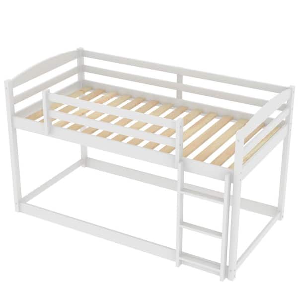 ANBAZAR White Twin Over Twin Low Floor Bunk Bed for Kids, Solid Wood Twin Kids Bunk Bed Frame with Ladder