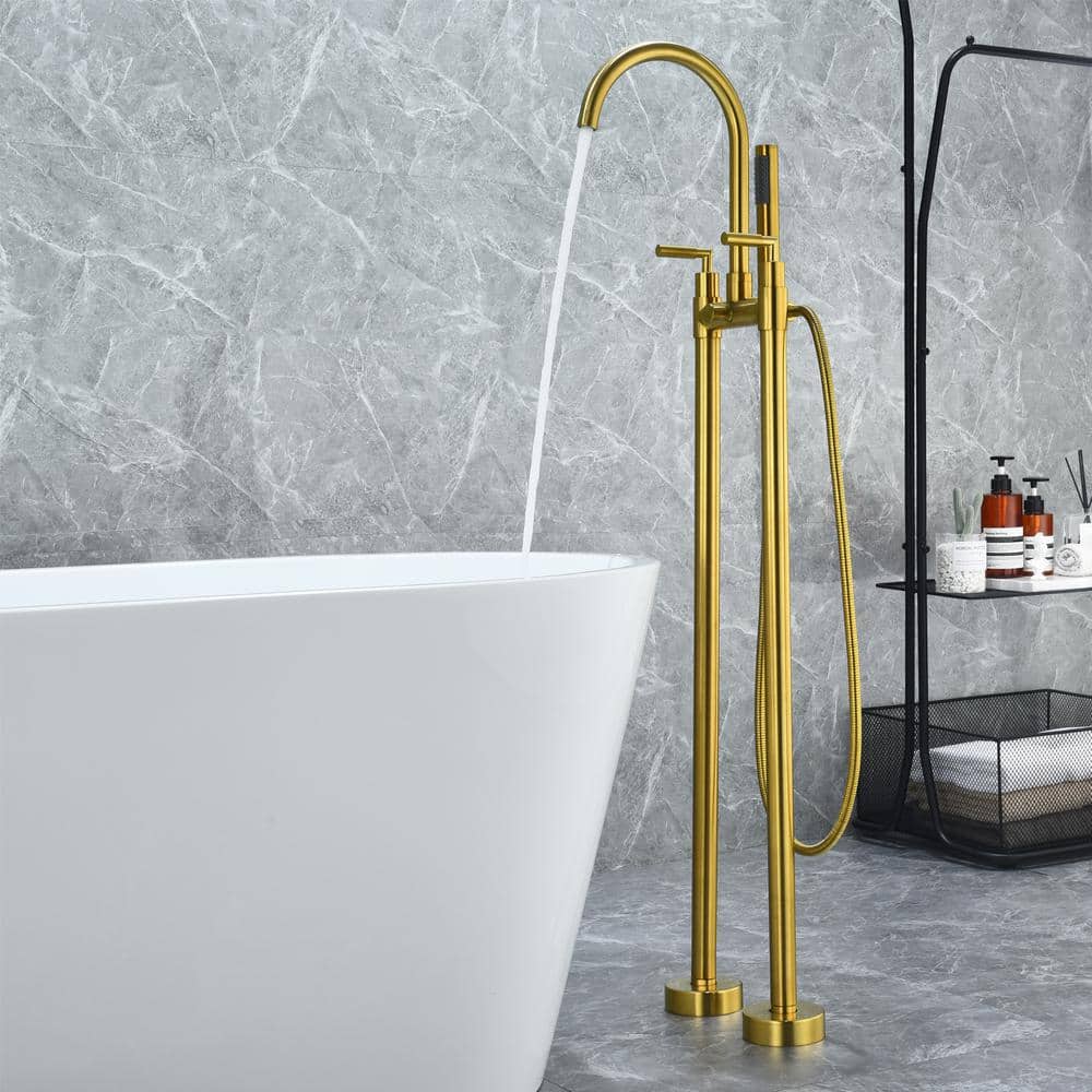 Brushed Gold Stainless Steel Floor Mounted Tub Filler with Handshower