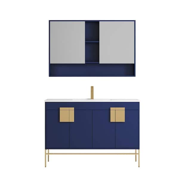 Unbranded Kuro 47 in. W x 18 in. D x 33 in. H Double Sink Bath Vanity in Navy Blue with White Ceramic Top and Mirror
