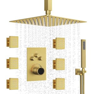 Triple Handles 7-Spray Patterns Shower Faucet 12 in. Shower Head with 6-Jets in Brushed Gold (Valve Included)