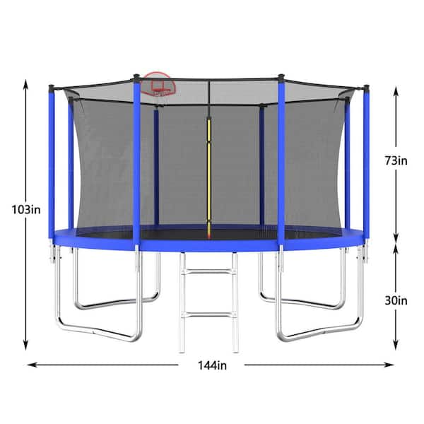 12FT Outdoor Round Blue Trampoline with Safety Enclosure Net