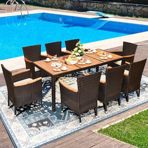 9-Piece Wicker Outdoor Dining Set with Cushion Beige Rattan Patio Dining Set  with 8 Stackable Chairs Wooden Tabletop