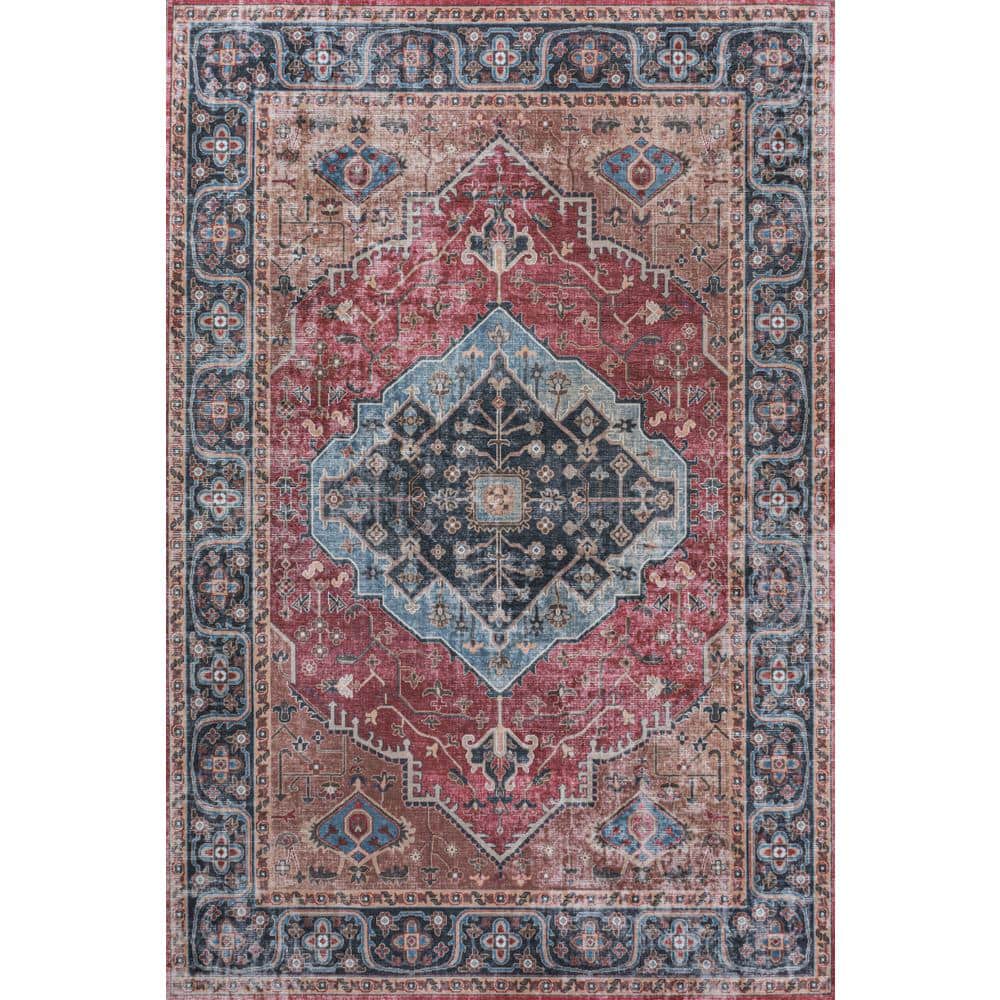 Red and Blue Medallion Washable Synthetic Area Rug 3' x 5'