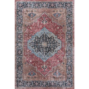 Alacati Ogee Medallion Machine-Washable Red/Blue/Brown 4 ft. x 6 ft. Area Rug