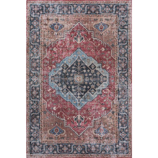 Alacati Ogee Medallion Machine-Washable Red/Blue/Brown 5 ft. x 8 ft. Area Rug
