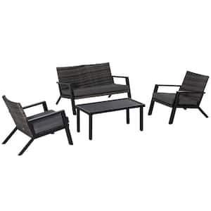 Outdoor 4-Piece Patio Sofa Set Wicker Patio Conversation Sets with Removable Cushion and Coffee Table with Grey Cushion