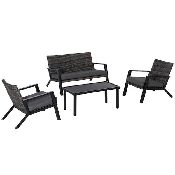 Outsunny Outdoor 4-Piece Patio Sofa Set Wicker Patio Conversation Sets with Removable Cushion and Coffee Table with Grey Cushion