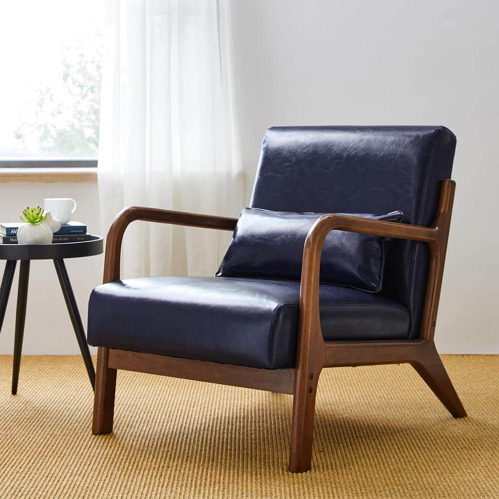 Set of 2 Navy Blue Leatherette Accent Chairs with Walnut Legs