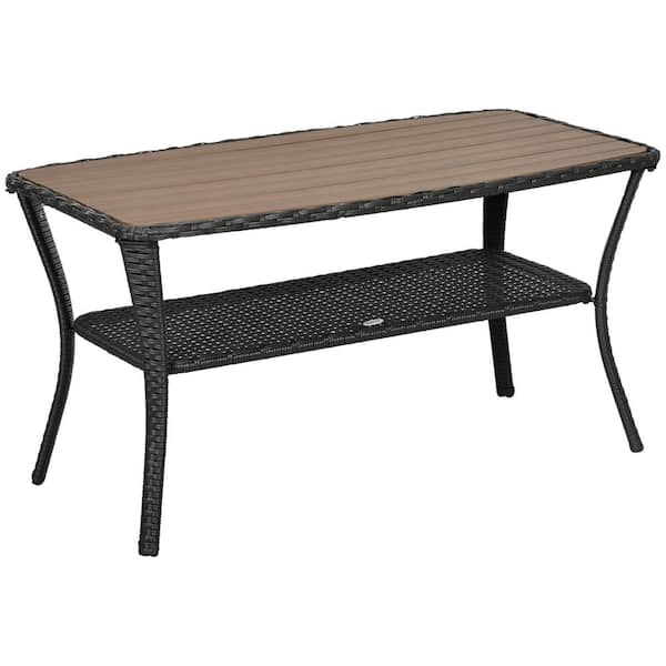 COOLSHARK Outdoor Rattan Coffee Table with Storage Shelf, Wicker Side Table Wood-plastic Composite Top, End Table for Porch