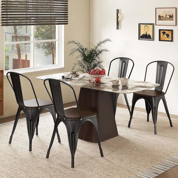 Tolix Style Metal Dining Chairs (Set of 4) w/ Wood Seat and Removable Backrest Black