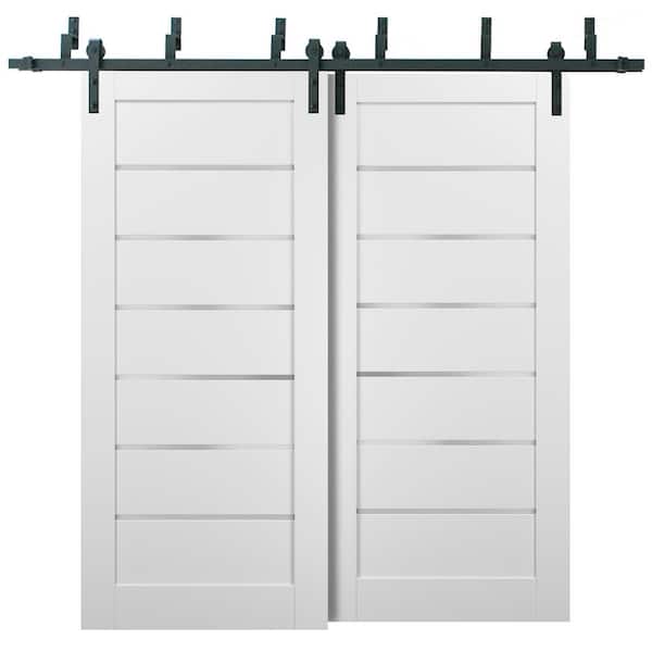 Sartodoors 60 in. x 96 in. 6 Lites Frosted Glass White Finished Wood MDF Bypass Sliding Barn Door with Hardware Kit