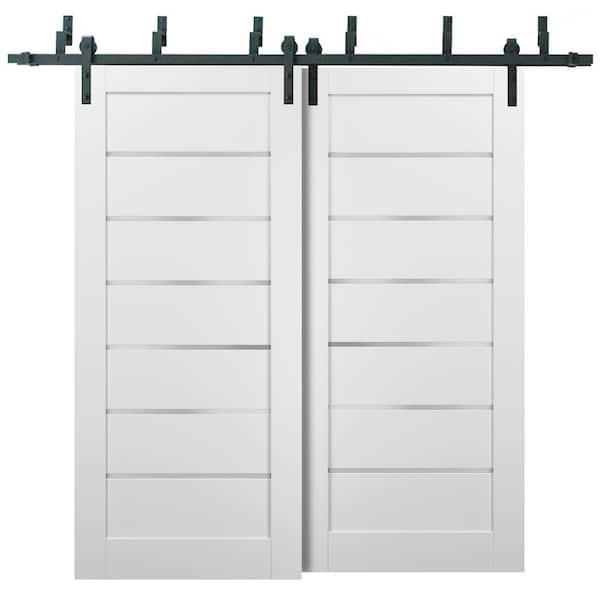 84 in. x 84 in. 6 Lites Frosted Glass White Wood MDF Bypass Sliding Barn Door with Hardware Kit