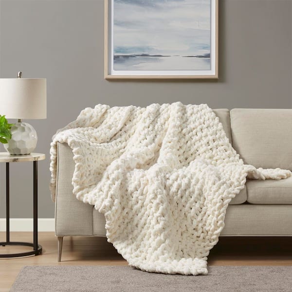 Chenille Chunky Knit Ivory Polyester Throw Blanket
