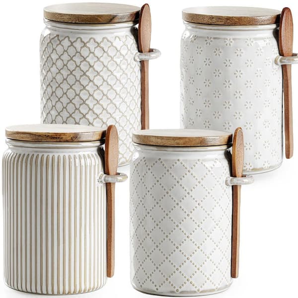 4-Piece 20 oz. Ceramic Kitchen Canisters with Airtight Lids and Teaspoons, Small Canisters Sets for Sugar Coffee Tea