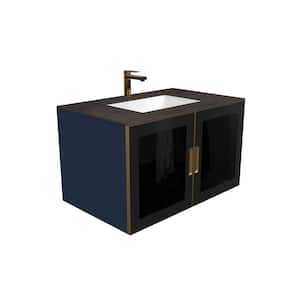 Solaria 36 in. W. x 22 in. D x 21.5 in. H Single Floating Bath Vanity Blue in Gold Trim with Rustic Black Porcelain Top