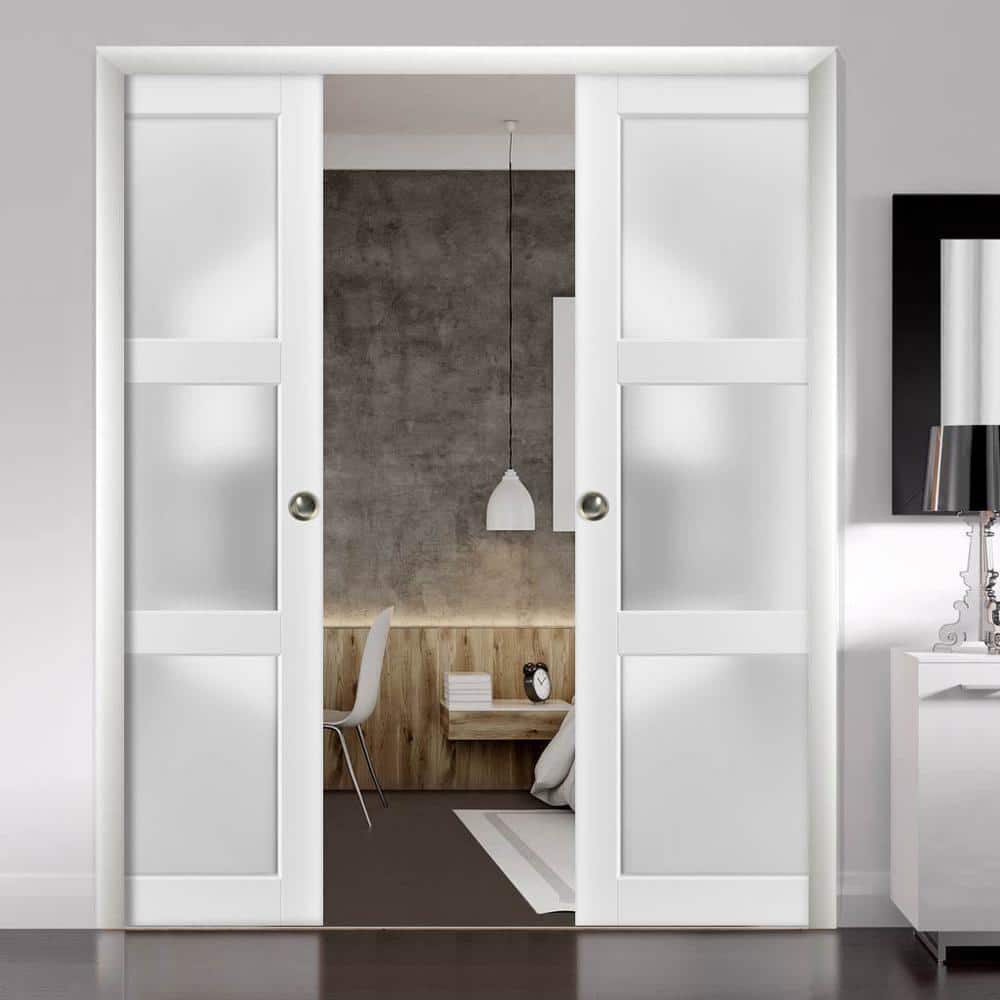 Lucia White Silk Solid Wood Barn Door with Opaque Glass