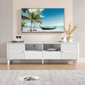 Scandinavian 70 in. Modern Storage White TV Stand Cabinet Features Premium Faux Marble Countertop