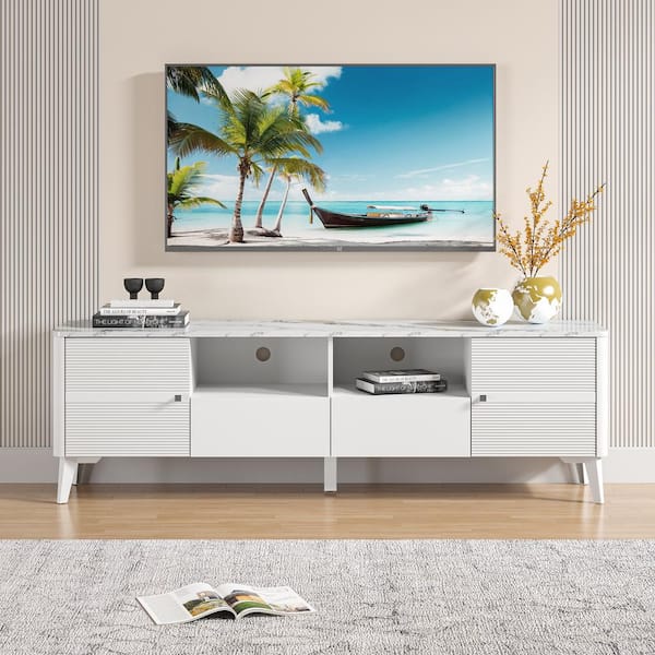FESTIVO Scandinavian 70 in. Modern Storage White TV Stand Cabinet Features Premium Faux Marble Countertop