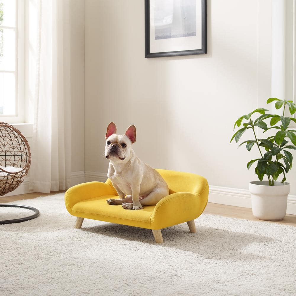 Medium Yellow Fabric Pet Sofa with Wooden Legs