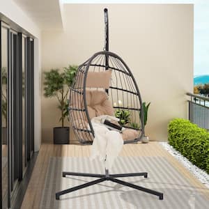 Modern Wicker Indoor & Outdoor Patio Swing Hanging Egg Chair with Khaki Cushion, Garden Rattan Hammock Chair with Stand
