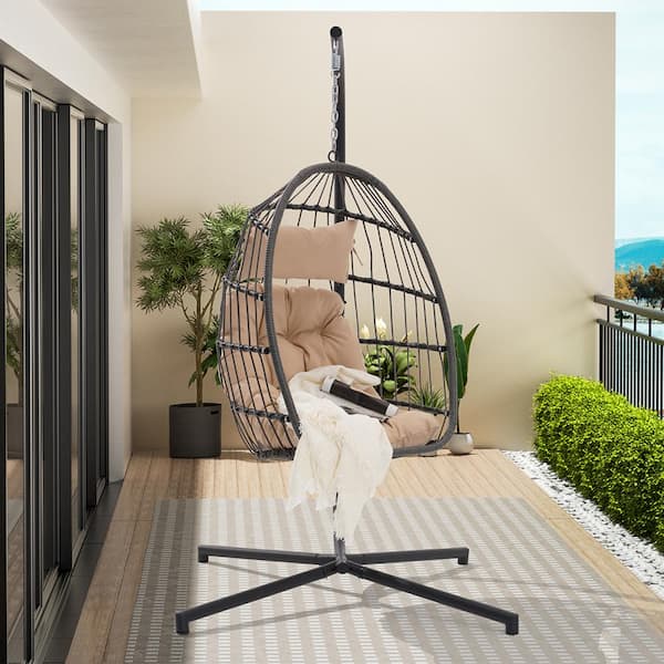 BTMWAY Modern Wicker Indoor & Outdoor Patio Swing Hanging Egg Chair with Khaki Cushion, Garden Rattan Hammock Chair with Stand