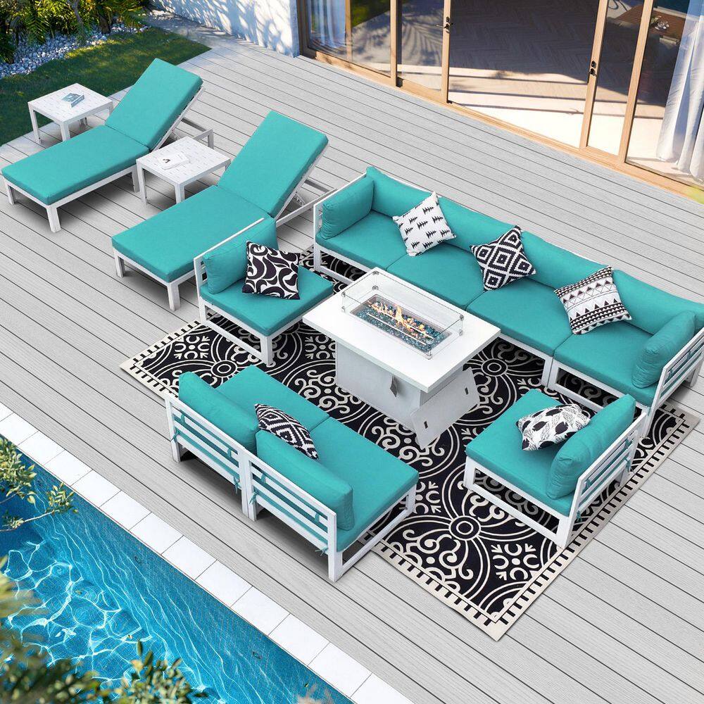 13-Piece White Aluminum Outdoor Patio Conversation Set with Teal Cushion, Deep Seating Lounges and Fire Pit Table price history on PriceWatchPro