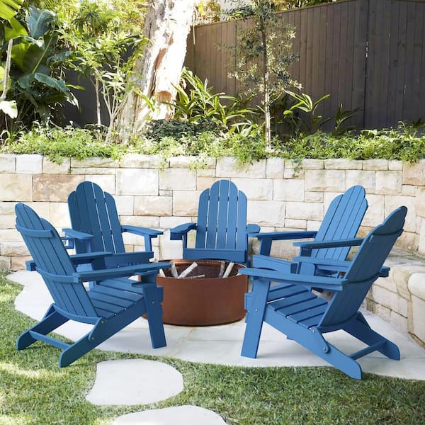 LUE BONA Recycled Navy Blue HDPS Folding Plastic Adirondack Chair Weather Resistant Patio Plastic Fire Pit Chairs (Set of 5)