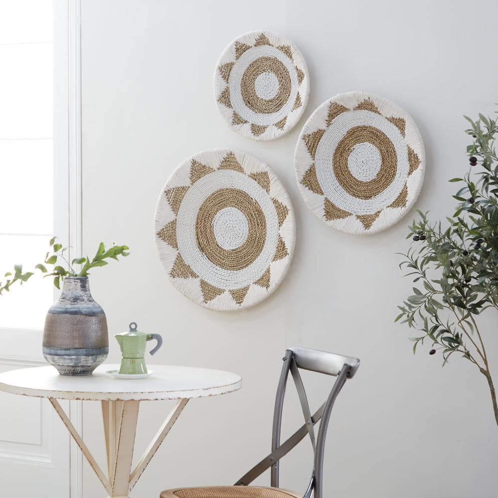 White and Beige Cotton Woven Round Wall Hanging Set