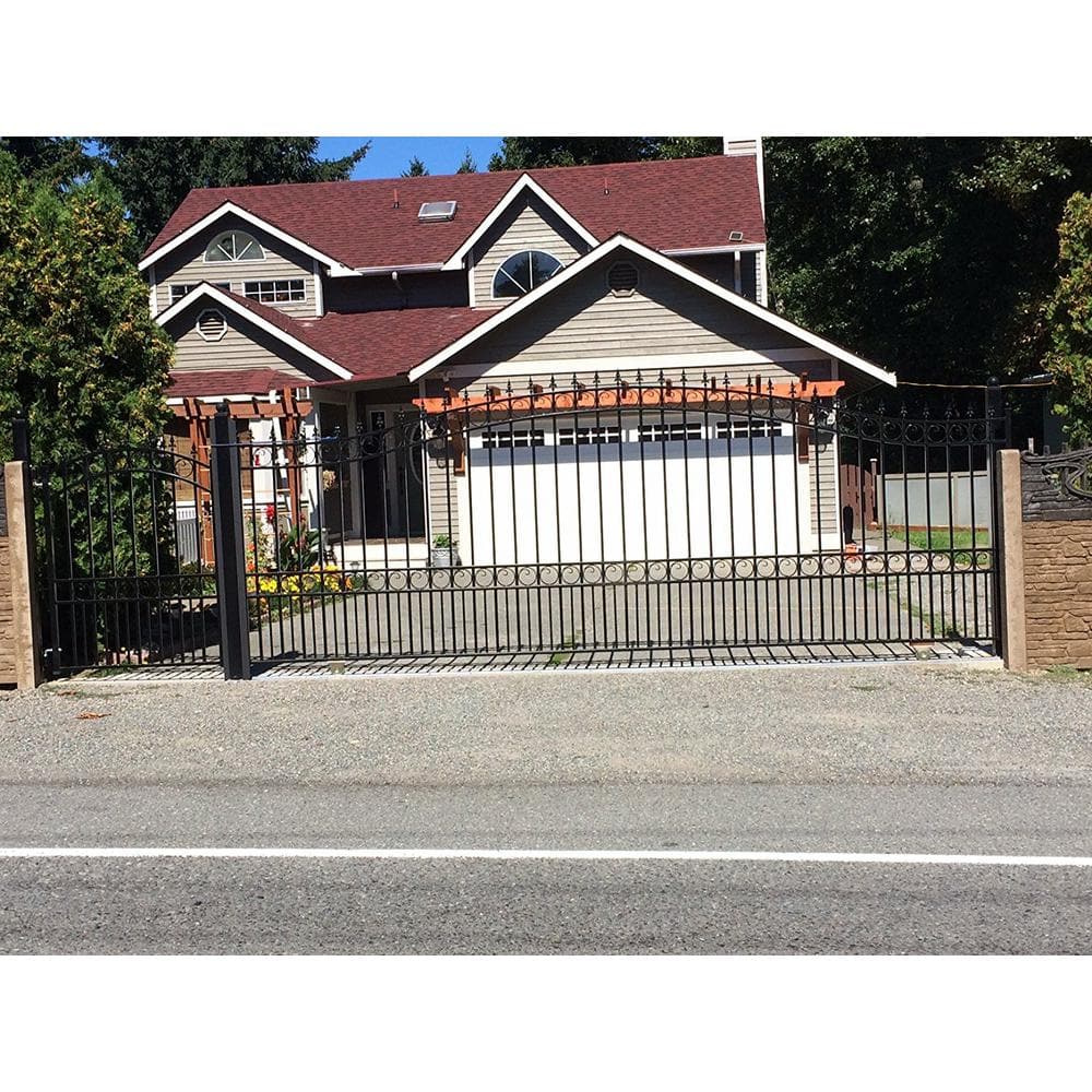 Black Steel Arched Sliding Driveway Gate with Pointed Pickets