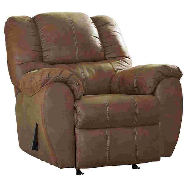 Benjara Brown Fabric Rocker Recliner with Jumbo Stitching