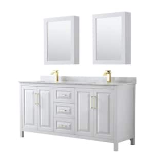 Daria 72 in. W x 22 in. D x 35.75 in. H Double Sink Bath Vanity in White with White Carr Marble Top and MedCab Mirrors