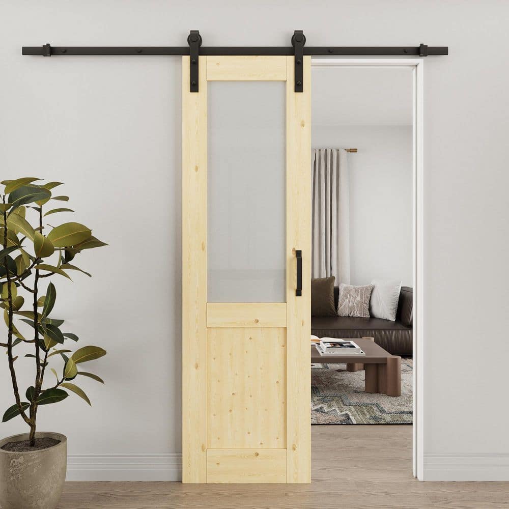 24 in. x 80 in. 1/2-Lite Frosted Glass Solid Core Unfinished Pine Wood Sliding Barn Door with Hardware Kit price history on PriceWatchPro