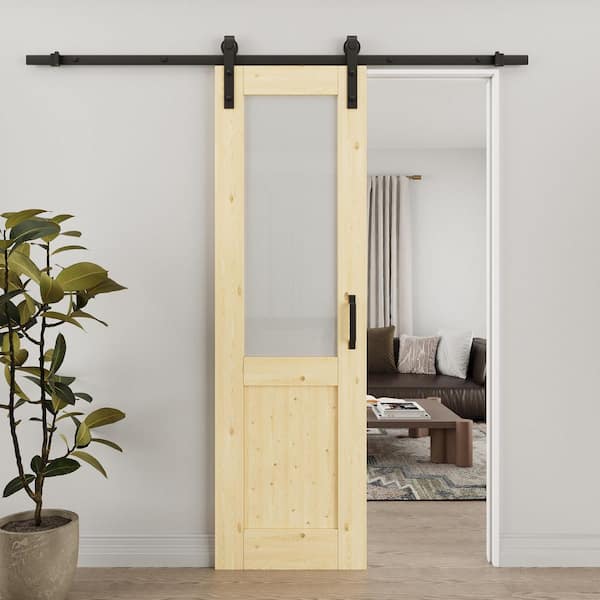 ARK DESIGN 24 in. x 80 in. 1/2-Lite Frosted Glass Solid Core Unfinished Pine Wood Sliding Barn Door with Hardware Kit
