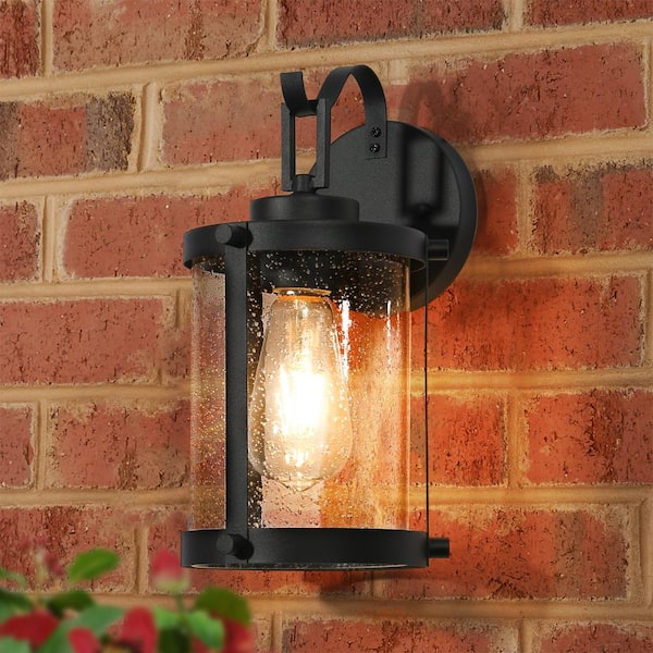Uolfin Modern Black Outdoor Wall Light, 12 in. 1-Light Cylinder Outdoor Wall Lantern Sconce with Seeded Glass Shade