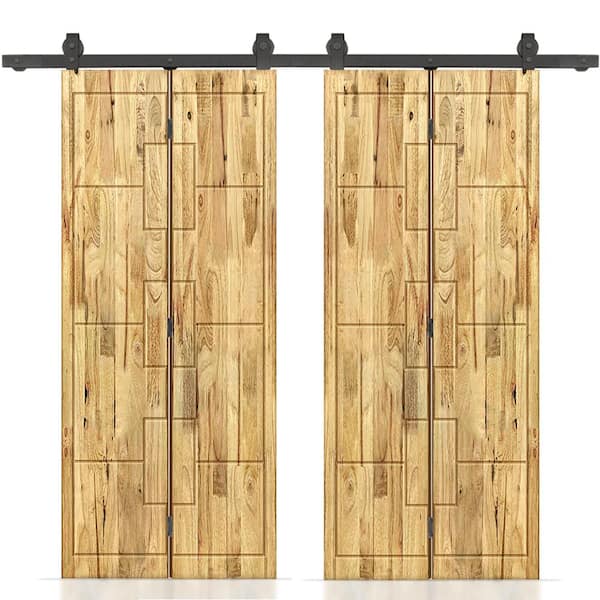 52 in. W. x 80 in. Hollow Core Weather Oak-Stained Pine Wood Double Bi-fold Door with Sliding Hardware Kit