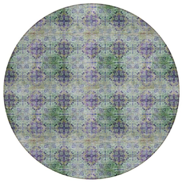 Purple, Green 8 ft. x 8 ft. Woven Floral;Medallion Polyester Round Indoor / Outdoor Area Rug
