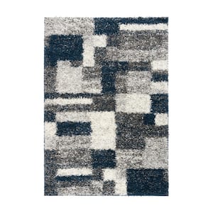 Navy 5 ft. x 7 ft. Distressed Modern Boxes Plush Shag Area Rug