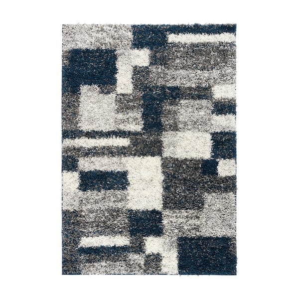 World Rug Gallery Navy 7 ft. 10 in. x 10 ft. Distressed Modern Boxes Plush Shag Area Rug
